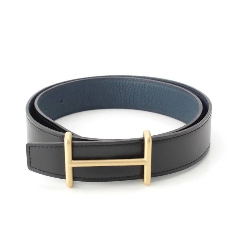 Hermes Leather Buckle Gold Belt Black Blue - Picture 1 of 10